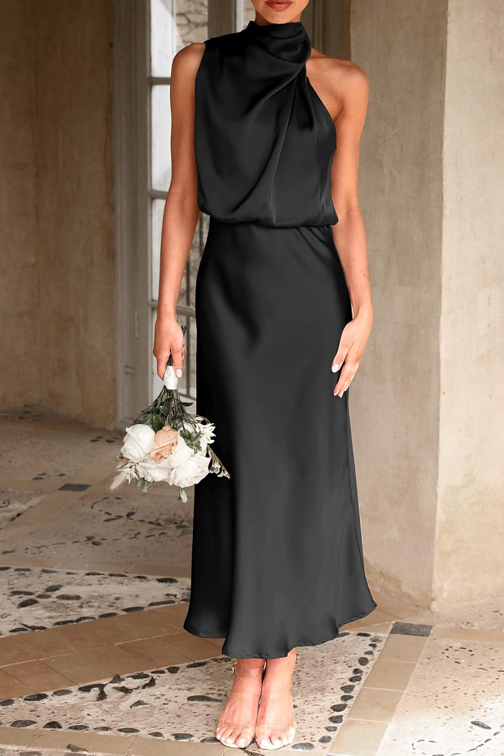 PRETTYGARDEN Women’s 2025 Summer Satin Dress Elegant Sleeveless Mock Neck Cocktail Party Maxi Dresses