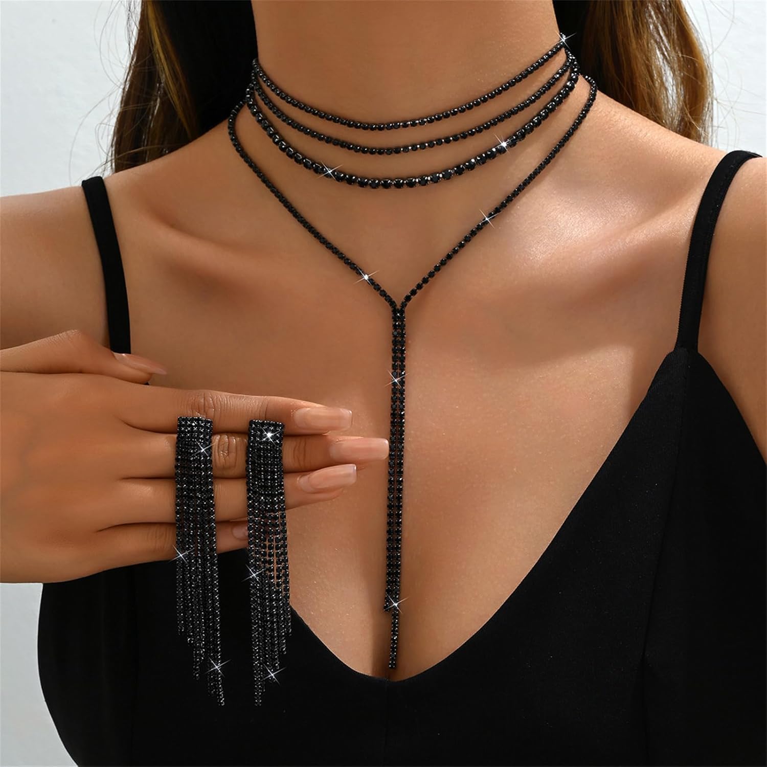 Prom Bridal Rhinestone Jewelry Set Sparkly Crystal Y-Shaped Necklace Long Chandelier Earrings Tassel Lightweight Ear Studs Formal Wedding Costume Jewelry Set Accessories for Women