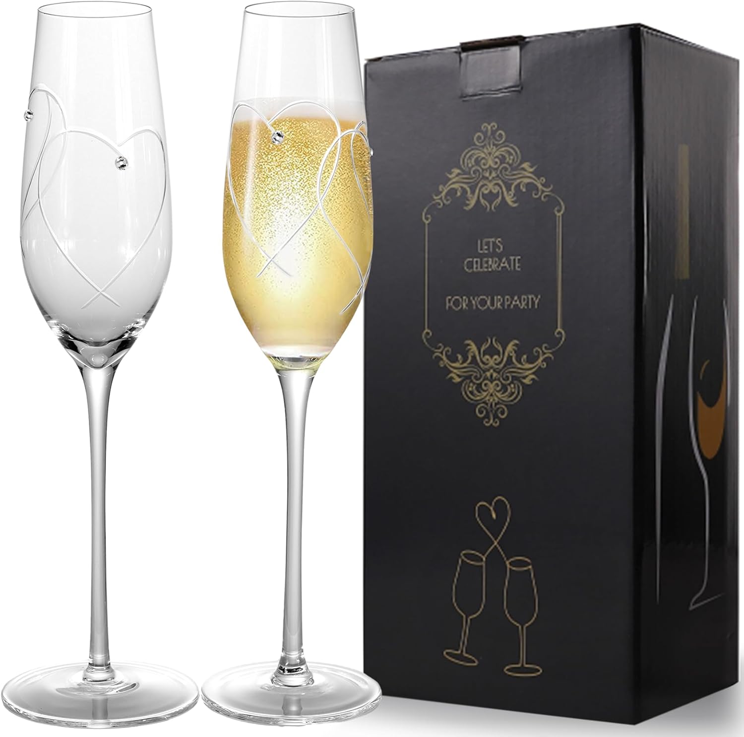 Champagne Flutes, Wedding Champagne Gasses for Bride and Groom Set of 2 with Engraved Love Heart Design Embellished with Crystal, Wedding Presents for Couple