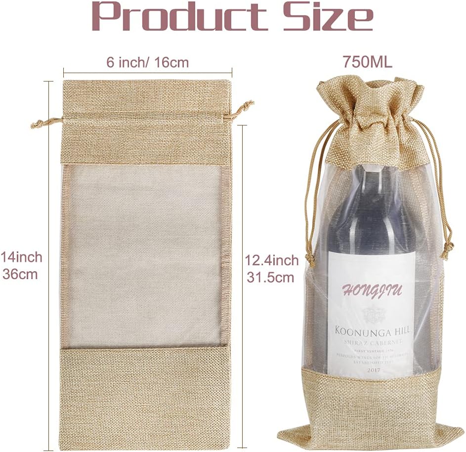 Wine Gift Bags, 10pcs Burlap Jute Bottle Bags 750ml with Sheer Window Organza Hessian Drawstring Pouches for Wedding Festival Wine Tasting Party Favors (14 x 6.3 inches)