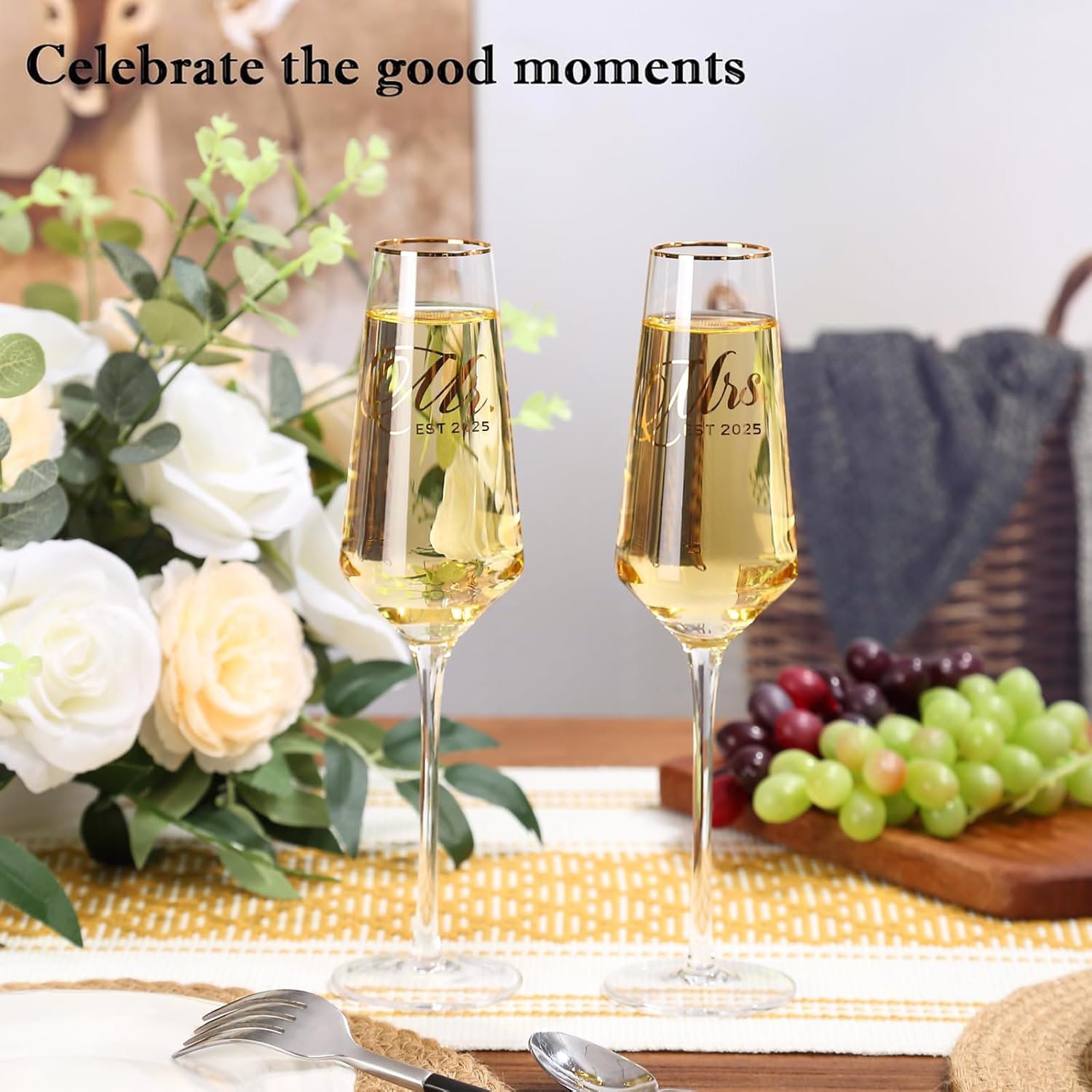 Mr and Mrs Champagne Glasses Set of 2, Long Stem Wedding Champagne Flutes 2025, Bride and Groom Toasting Crystal Glass Set,Engagement Gifts for Couples, Newlyweds, Anniversary,8.5oz