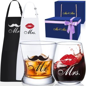 LIGHTEN LIFE Wedding Engagement Gifts for Couples, Bridal Shower Gift for Bride and Groom Newlyweds, Anniversary Mr and Mrs Whiskey Wine Glasses Set with Appron