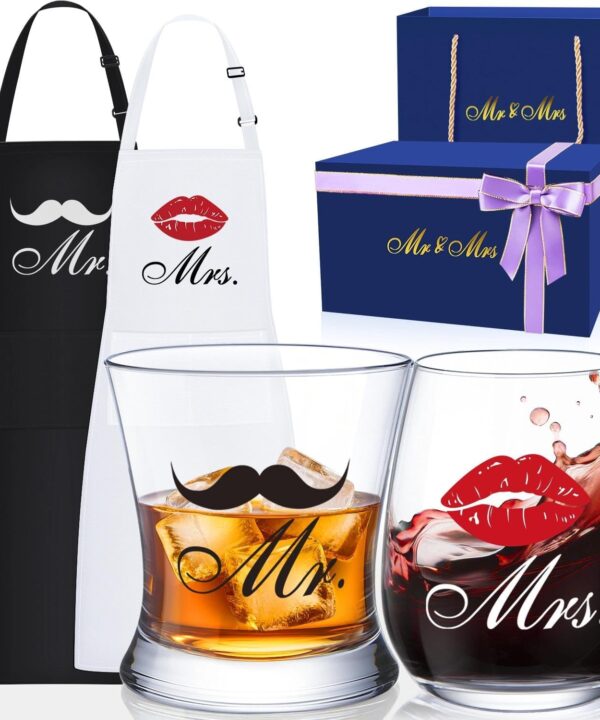 LIGHTEN LIFE Wedding Engagement Gifts for Couples, Bridal Shower Gift for Bride and Groom Newlyweds, Anniversary Mr and Mrs Whiskey Wine Glasses Set with Appron