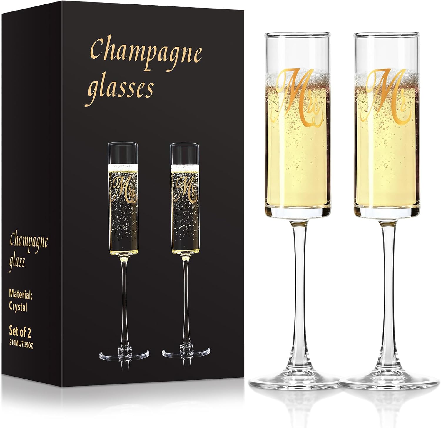 Mr and Mrs Champagne Flutes, Wedding Champagne Flutes Glass 7 oz, Straight Champagne Glasses Set of 2, Bride and Groom Champagne Glasses, Mr and Mrs Gifts, Wedding Gifts