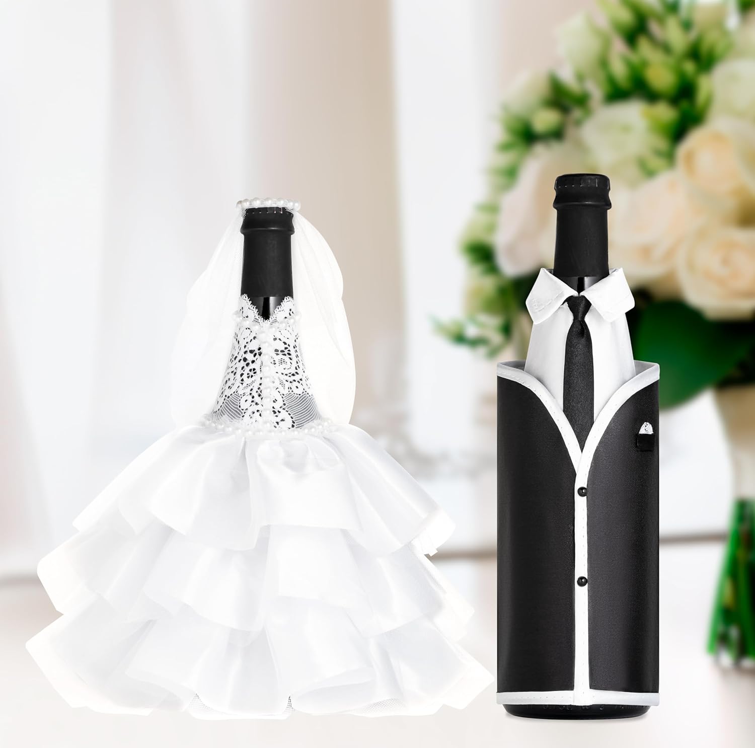 Magik Life Wedding Wine Bottle Covers Set Bride & Groom Bottle Decorations for Wedding Table Elegant Wine Gift for Couple, Bridal Shower, Engagement, Reception Dcor White & Black