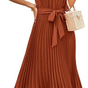 KIRUNDO Women's 2025 Summer Sleeveless Halter Neck Pleated Midi Cocktail Dresses A Line Flowy Beach Sun Dress with Belt