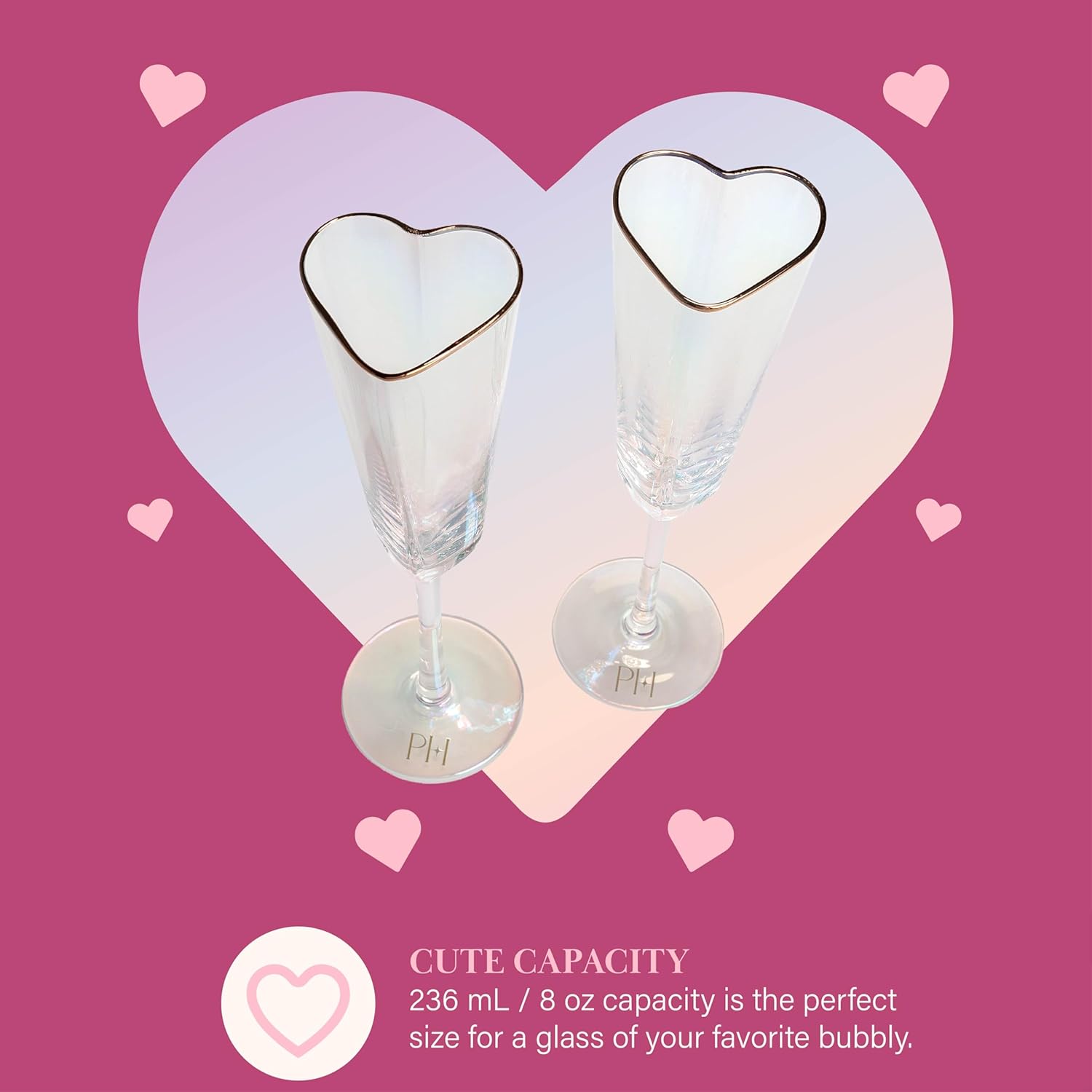 Paris Hilton Heart Shaped Champagne Flute Gift Set, Elegant Handmade Glassware Set, Perfect for Celebrations, Weddings or any Special Occasion, 2-Piece Set, 5.5-Ounce, Iridescent with Gold Rim
