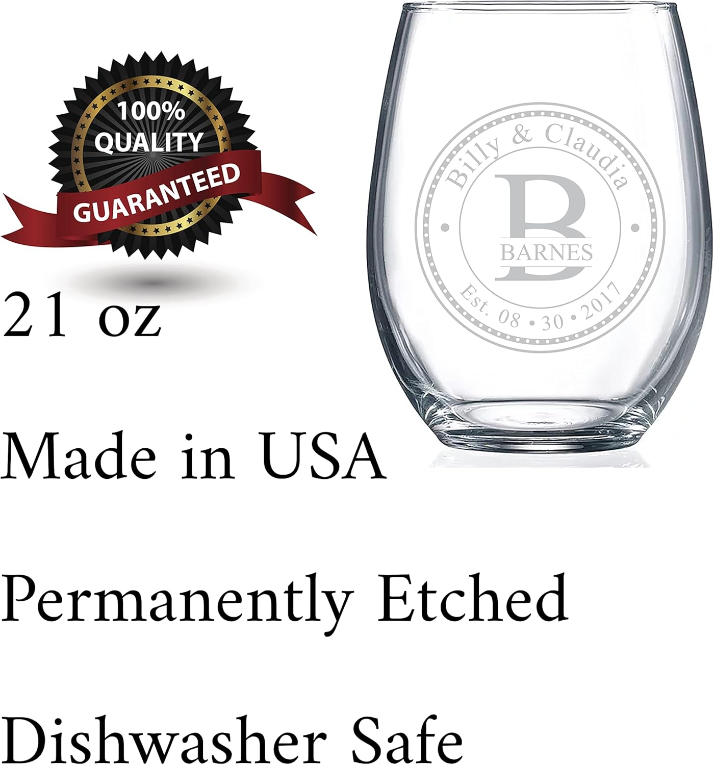 Personalized Stemless Wine Glasses (21oz) – Laser Engraved Anniversary & Wedding Gifts w/Names & Date – Dishwasher Safe. Custom Wine Glasses – Permanently Etched Couples Gifts