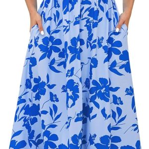 Annebouti Women 2025 Summer Fall Ruched Maxi Dress Adjustable Spaghetti Strap Floral Beach Long Sundress with Pockets