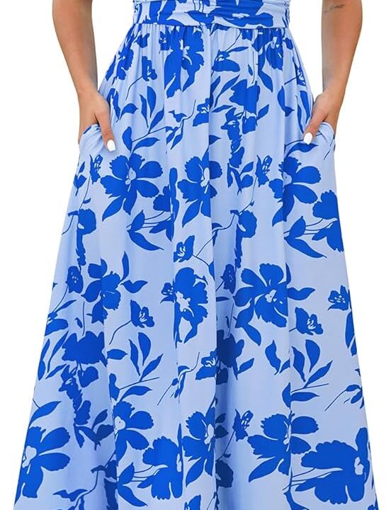 Annebouti Women 2025 Summer Fall Ruched Maxi Dress Adjustable Spaghetti Strap Floral Beach Long Sundress with Pockets