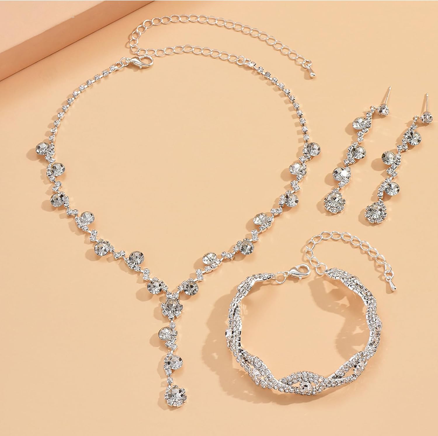 Roe Dolph Silver Jewelry Set Prom Necklace Bracelet Earrings Rhinestone Costume Jewelry for Women Bridal Jewelry Set for Wedding Prom Dresses 2025