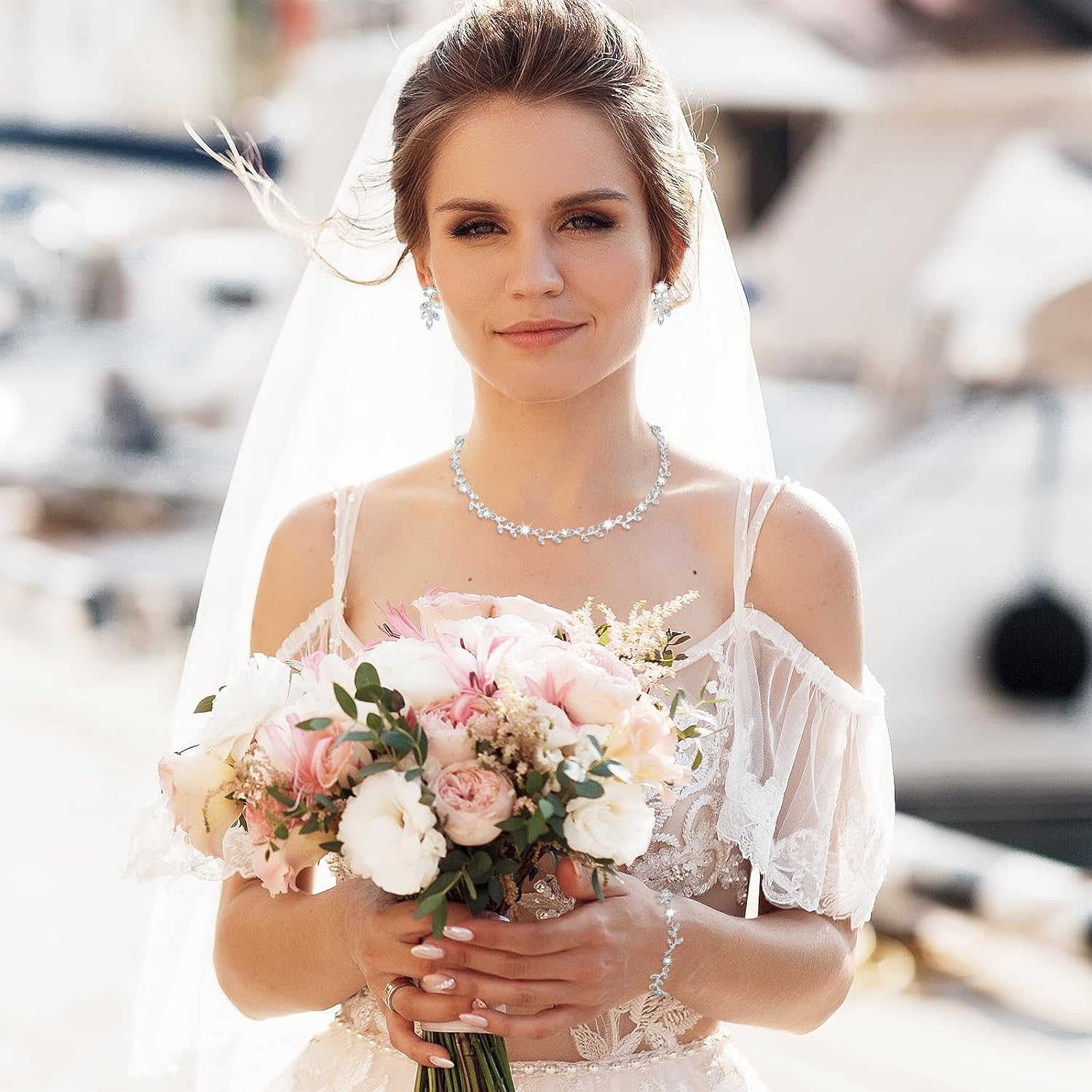 DIVINA VITAE 4 Pcs Crystal Rhinestone Wedding Set for Women Silver Wedding Necklace and Earring Set Bridal Bridesmaid Prom Costume Formal Jewelry Sets Accessories