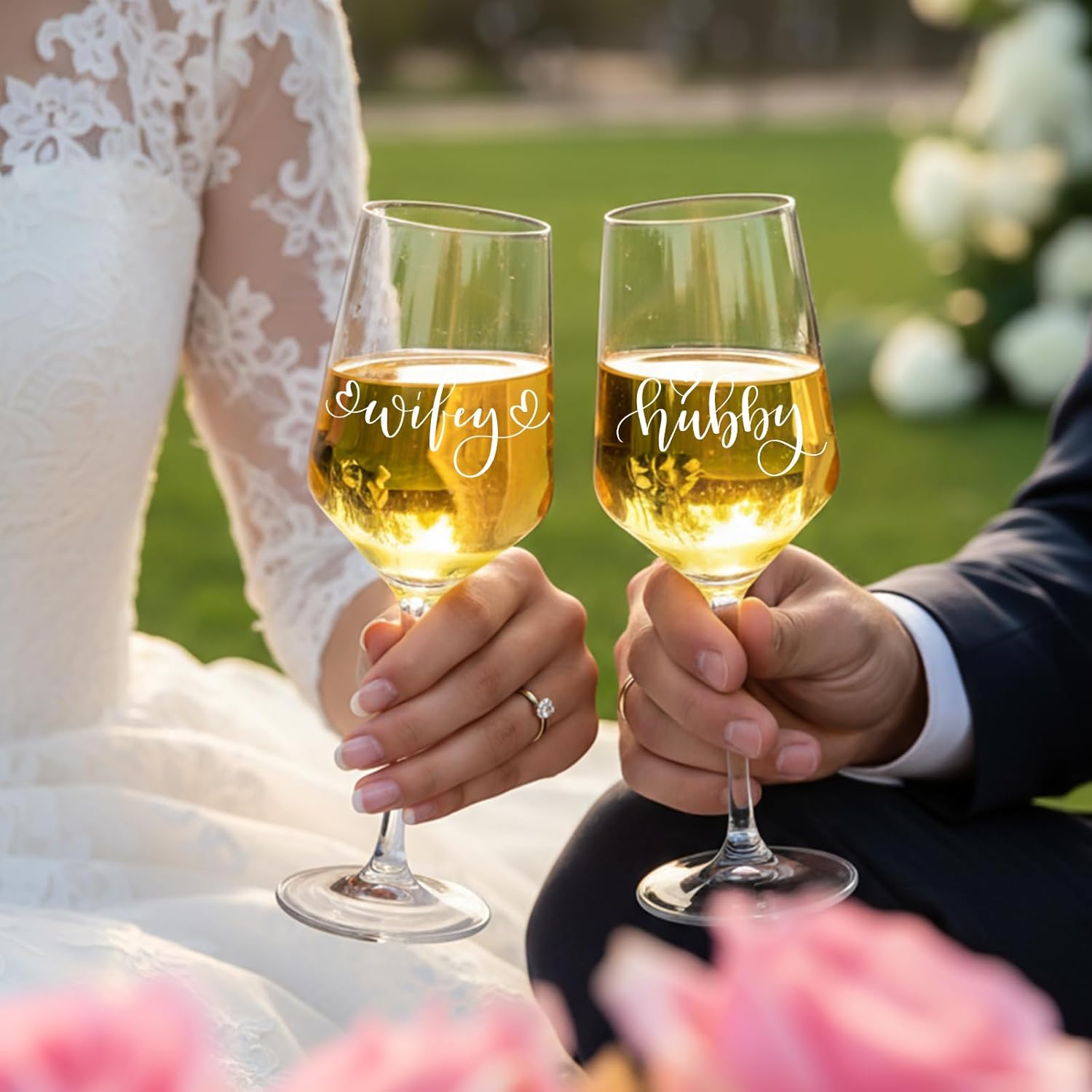 LemonRoad Wedding Gift Newlyweds Champagne Flute Set of 2 Bridal Shower Champagne Glasses Wine Opener Wine Stopper with Engraved Wooden Keepsake Box Engagement Gift for Couples (Hubby & Wifey)