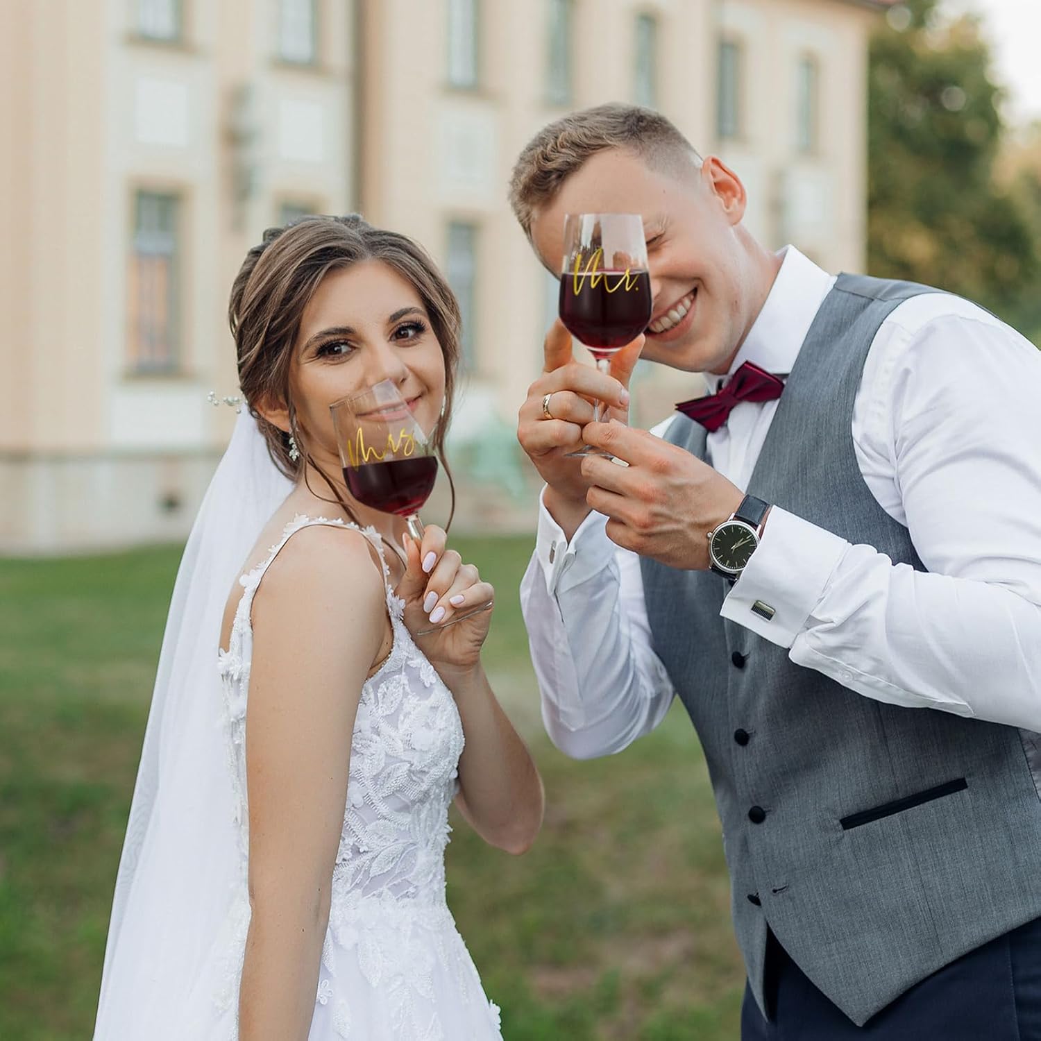 AW BRIDAL Mr and Mrs Wine Glasses Set of 2 for Engagement Bridal Shower, Wedding Gifts for Newlywed Couples 2025, Personalized Anniversary Wine Glass Gift Basket for Bride Groom and Fiance Fiancee