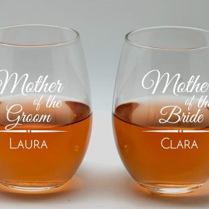 Mother of Groom and Bride wine glasses set,20oz Etched Stemless Wine Glasses for Couples, Perfect Engagement Wine Glasses,Bridal shower Wine Glasses, Wedding party, Anniversary Wine Glasses