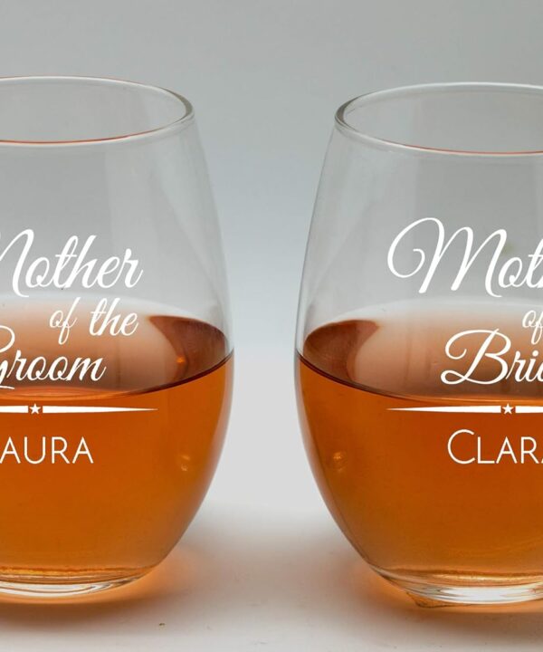 Mother of Groom and Bride wine glasses set,20oz Etched Stemless Wine Glasses for Couples, Perfect Engagement Wine Glasses,Bridal shower Wine Glasses, Wedding party, Anniversary Wine Glasses