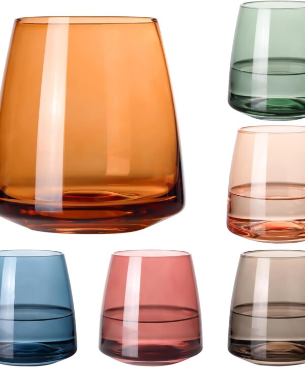Stemless Colored Wine Glasses Set of 6-14oz Crystal Colorful Wine Glasses-Unique Hand Blown Muticolor Wine Glass Wedding gift set for wine lovers