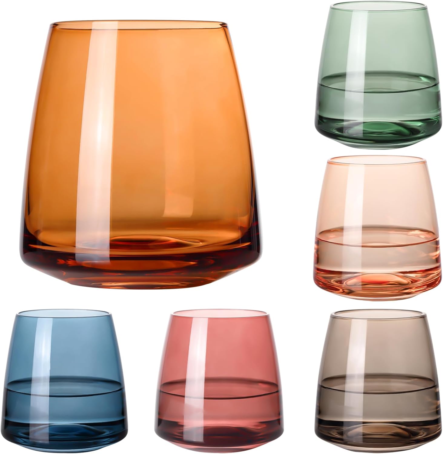 Stemless Colored Wine Glasses Set of 6-14oz Crystal Colorful Wine Glasses-Unique Hand Blown Muticolor Wine Glass Wedding gift set for wine lovers