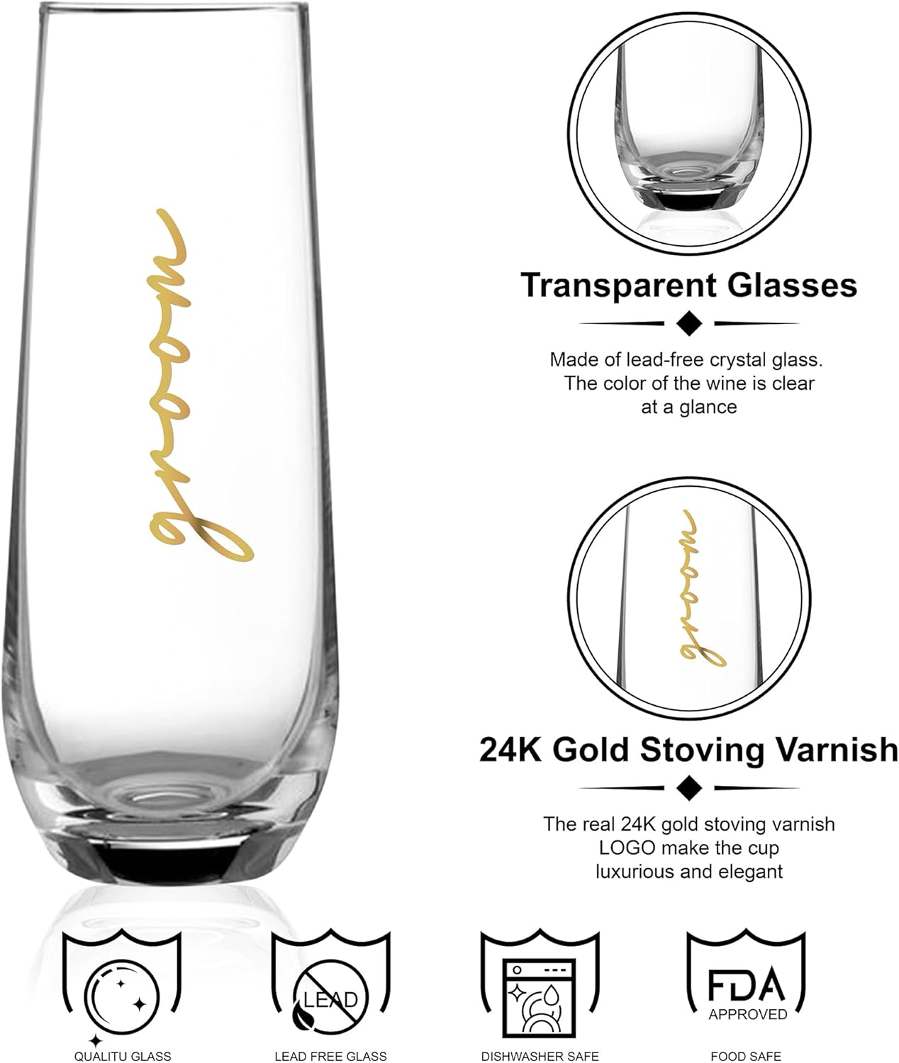 Mr&MrsGifts Bride and Groom Champagne Glasses Set of 2 – Stemless Crystal Flutes for Wedding/Anniversary, 10oz Lead-Free Elegant Toasting Cups, 24K Gold Logo, Romantic Gift for Him & Her(A:GB)