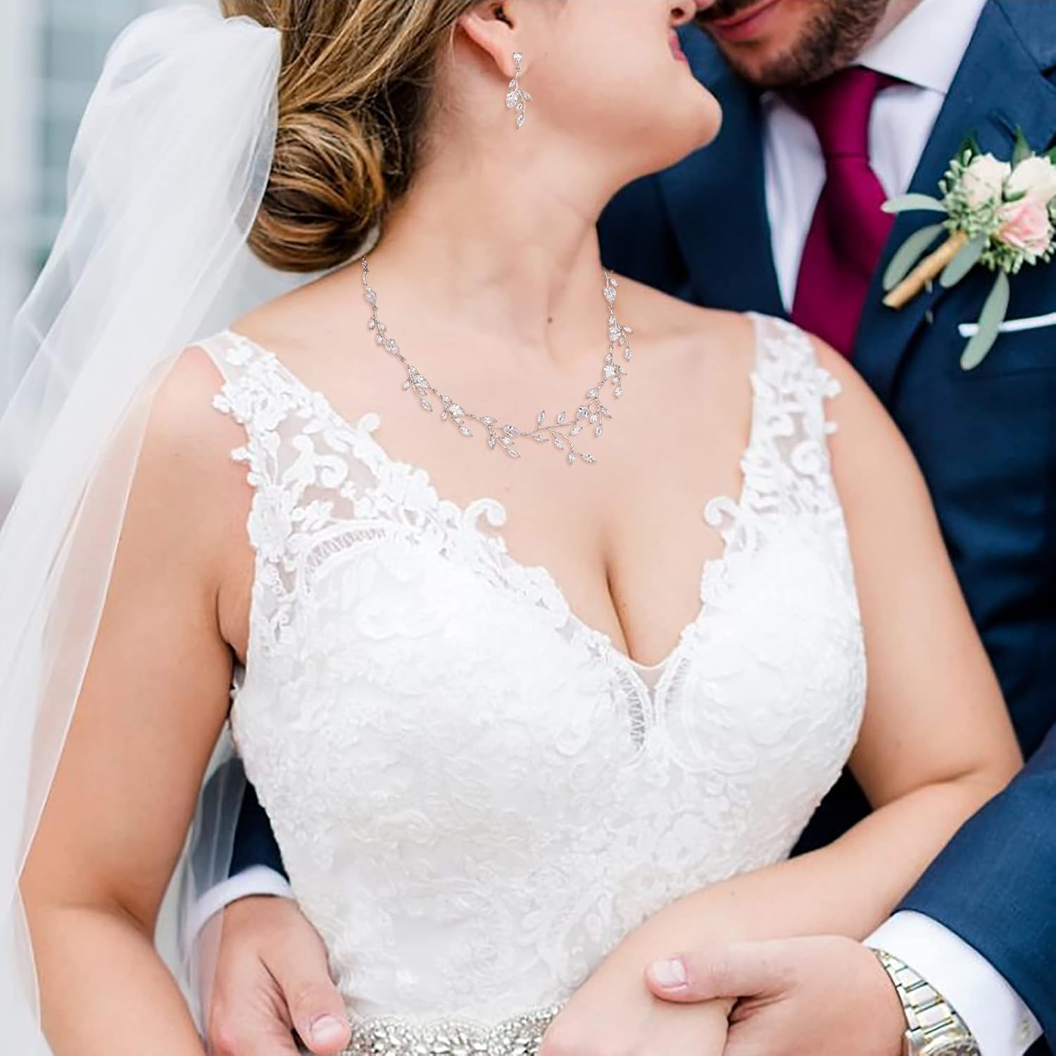 EVER FAITH Wedding Jewelry for Bride Women Bridesmaid, Sparkly Cubic Zirconia Pear-Shaped Birthstone Leaf Necklace Earrings Set for Prom