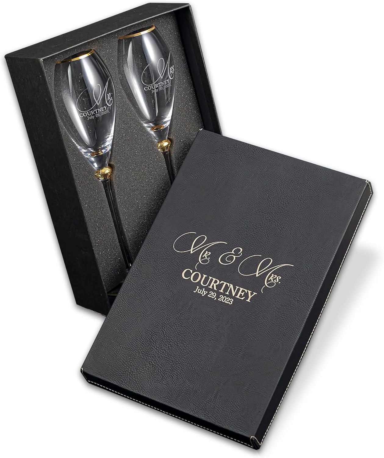 Set of 2 Personalized Wedding Engraved Champagne Flutes- Mr and Mrs Design – For Weddings,Parties and Anniversary