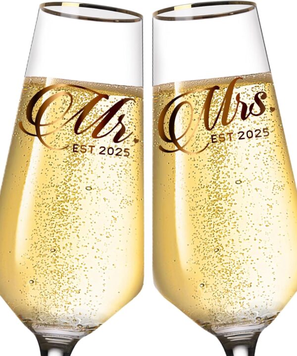 Mr and Mrs Champagne Glasses Set of 2, Long Stem Wedding Champagne Flutes 2025, Bride and Groom Toasting Crystal Glass Set,Engagement Gifts for Couples, Newlyweds, Anniversary,8.5oz