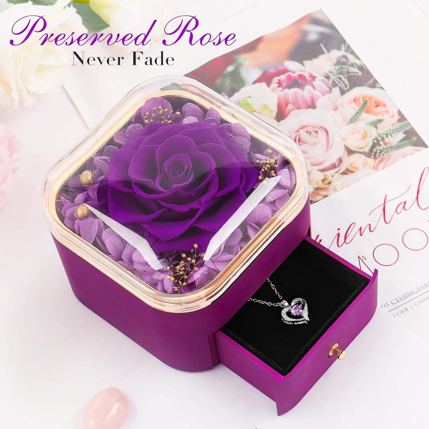 Beferr Gifts for Women Mom Preserved Rose Forever Flower with Necklace Fresh Flowers for Delivery Prime Birthday Gifts for Wife Sister Grandma Christmas Anniversary Eternal Purple Roses