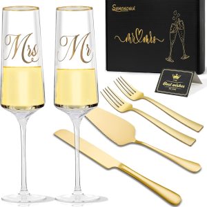 Mr and Mrs Champagne Flutes, Wedding Cake Cutting Set of 6, Bride and Groom Champagne Glasses, Wedding Cake Knife and Server Set, Bridal Shower Gift, Engagement for Couple Newlyweds