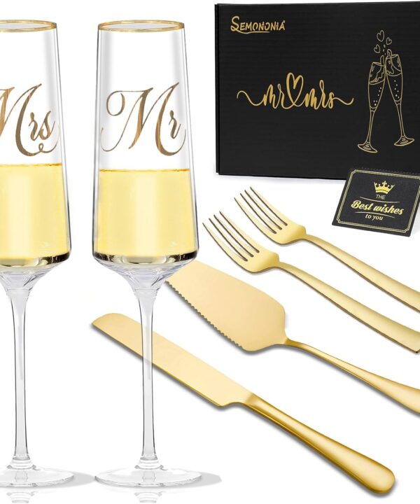 Mr and Mrs Champagne Flutes, Wedding Cake Cutting Set of 6, Bride and Groom Champagne Glasses, Wedding Cake Knife and Server Set, Bridal Shower Gift, Engagement for Couple Newlyweds