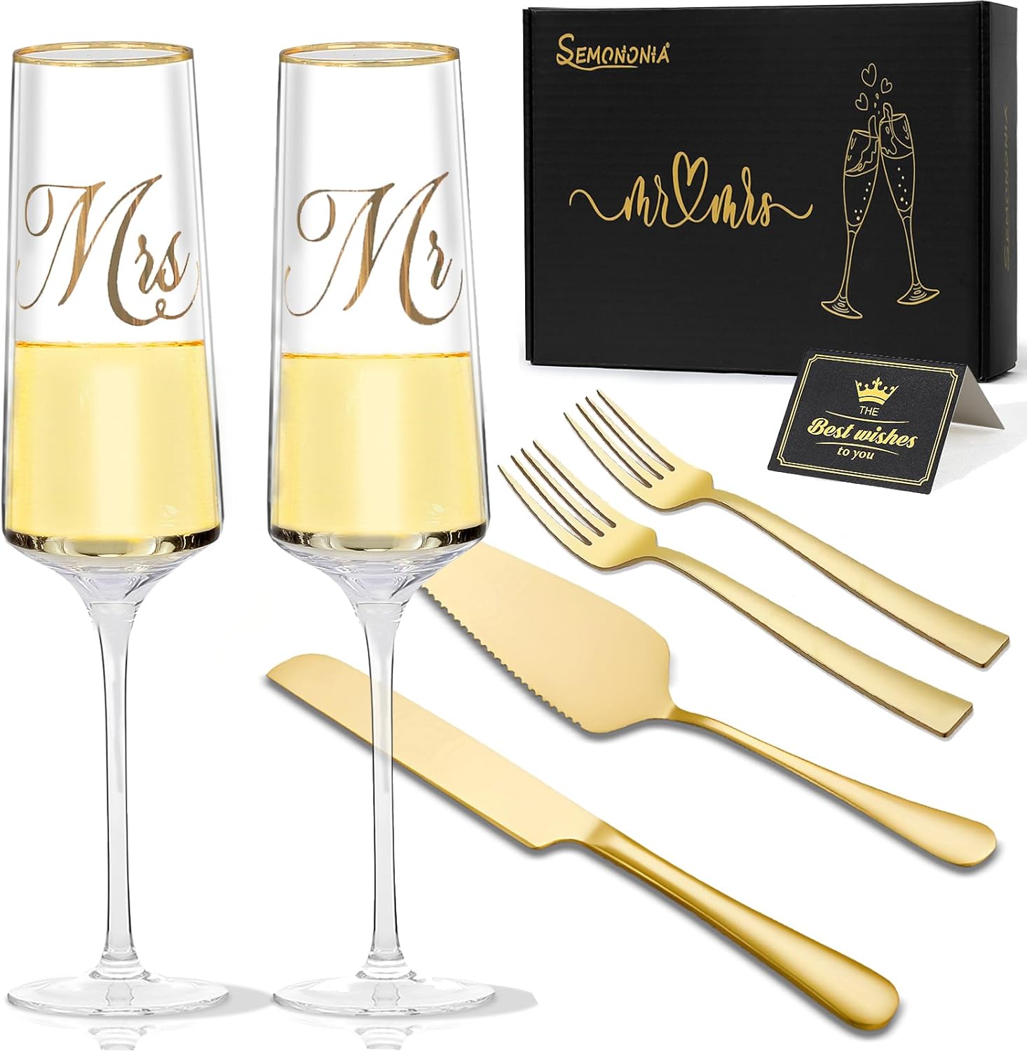 Mr and Mrs Champagne Flutes, Wedding Cake Cutting Set of 6, Bride and Groom Champagne Glasses, Wedding Cake Knife and Server Set, Bridal Shower Gift, Engagement for Couple Newlyweds