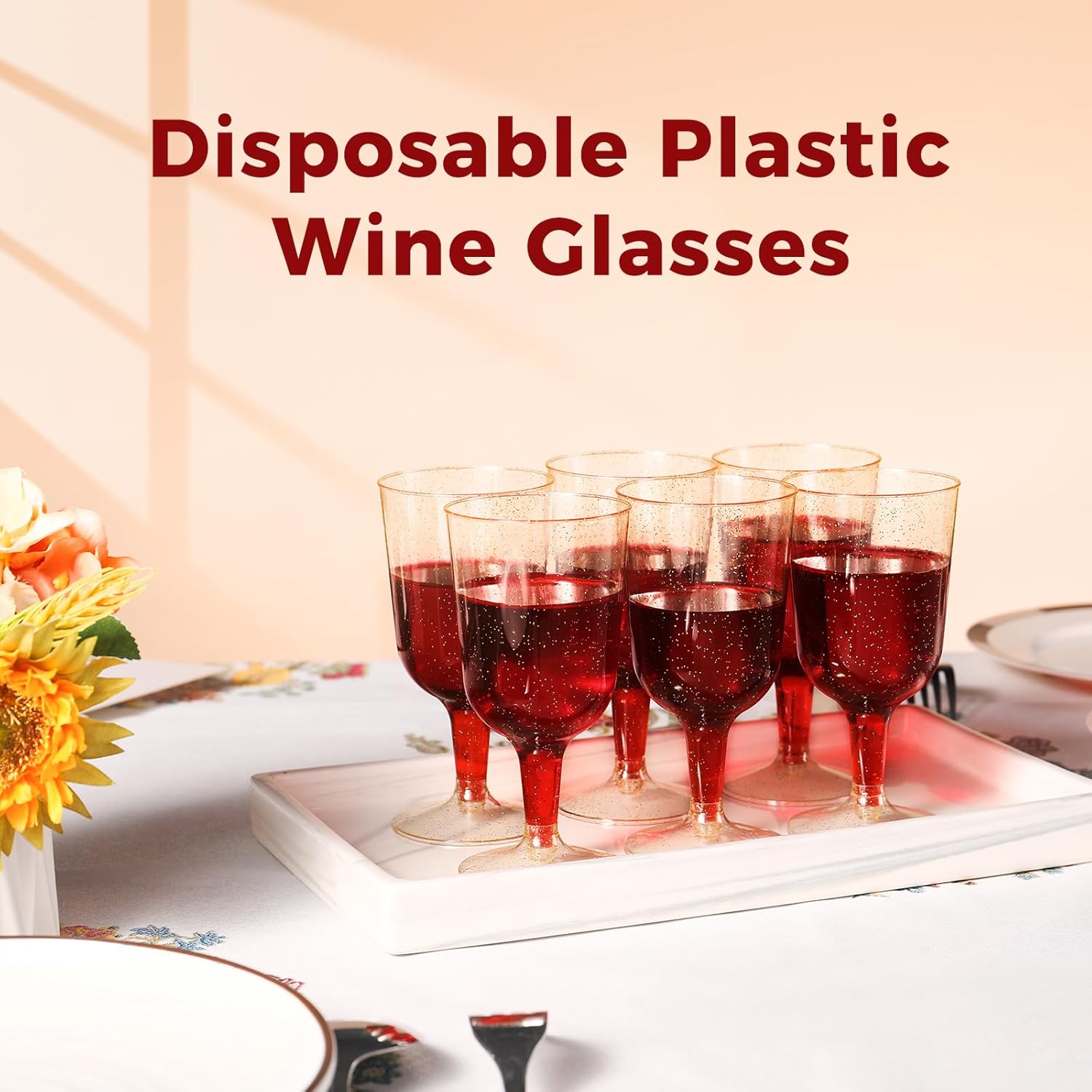 30 Pack 6oz Plastic Wine Glasses Disposable Gold Glitter Mini Stemware with Removable Base for Weddings, Parties, Champagne, Toasting