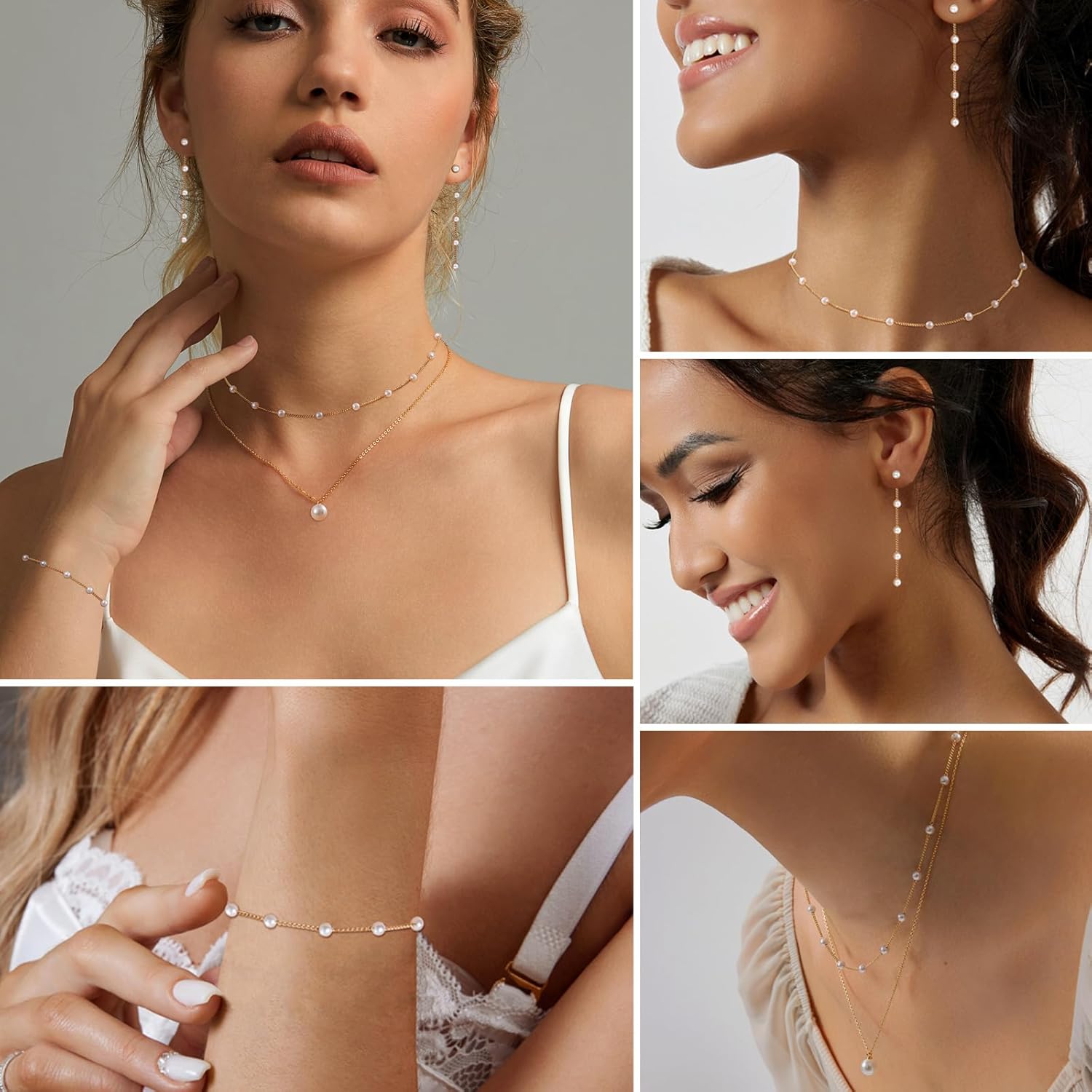 Gold Jewelry Set for Women – Dainty 14K Gold/Silver Plated Pearl Choker Necklace, Drop Earrings & Bracelets – Wedding Trendy Pearl Jewelry Gift