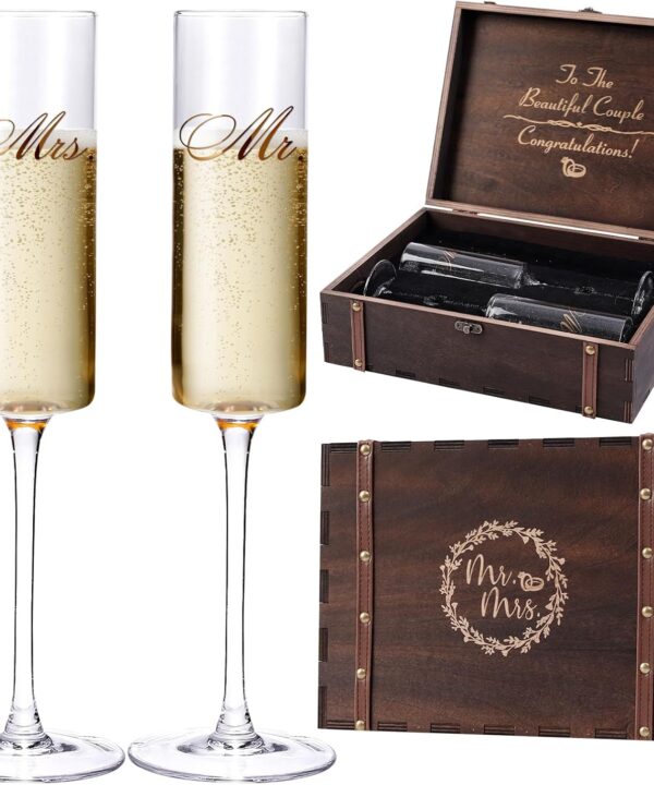 Wedding Champagne Flutes-Mr. and mrs. Champagne Glasses Engagement Gifts for Bride and Groom Wedding Keepsake Box Mr Mrs Anniversary Couple Gift