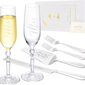 Wedding Cake Knife and Server Set with Forks, Classical Style Crystal Champagne Flutes Toasting Glasses for Bride and Groom, Wedding Gifts for Couples, Engagement and Bridal Shower Gifts
