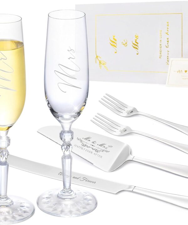 Wedding Cake Knife and Server Set with Forks, Classical Style Crystal Champagne Flutes Toasting Glasses for Bride and Groom, Wedding Gifts for Couples, Engagement and Bridal Shower Gifts
