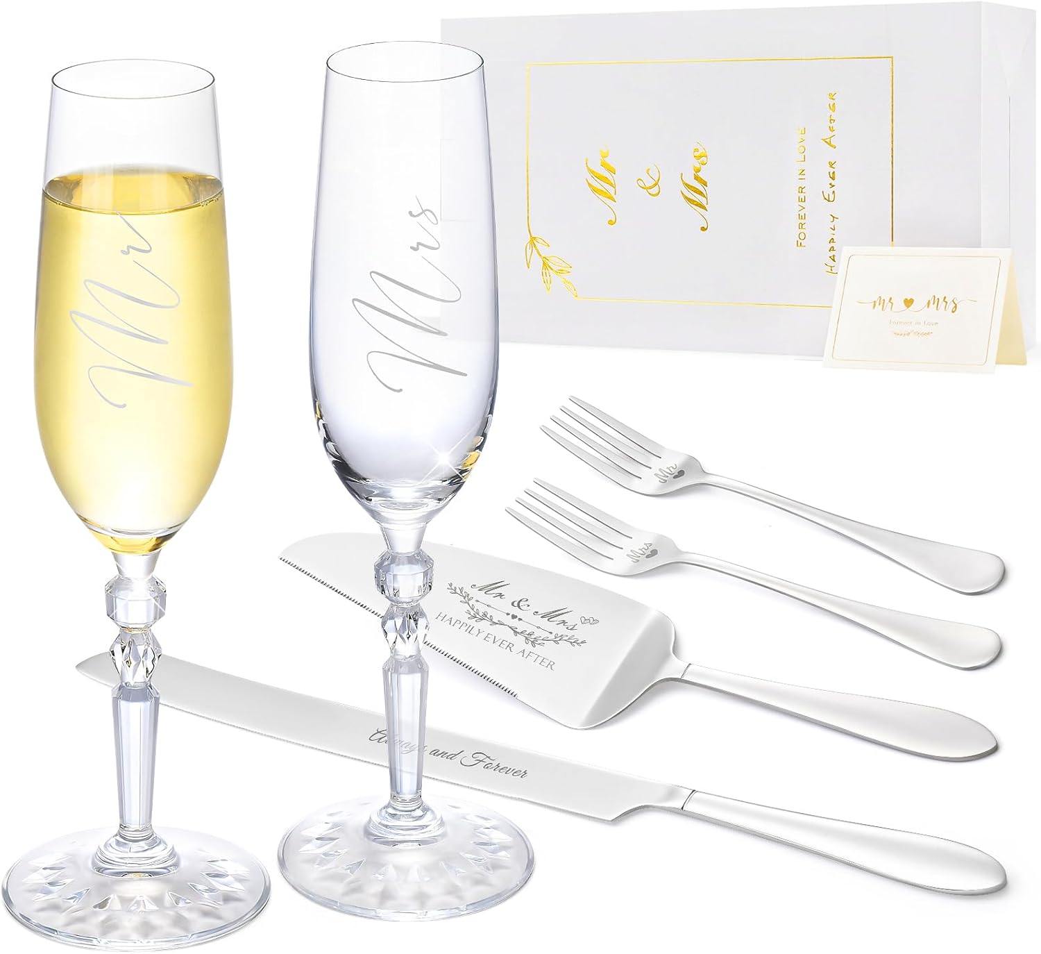 Wedding Cake Knife and Server Set with Forks, Classical Style Crystal Champagne Flutes Toasting Glasses for Bride and Groom, Wedding Gifts for Couples, Engagement and Bridal Shower Gifts