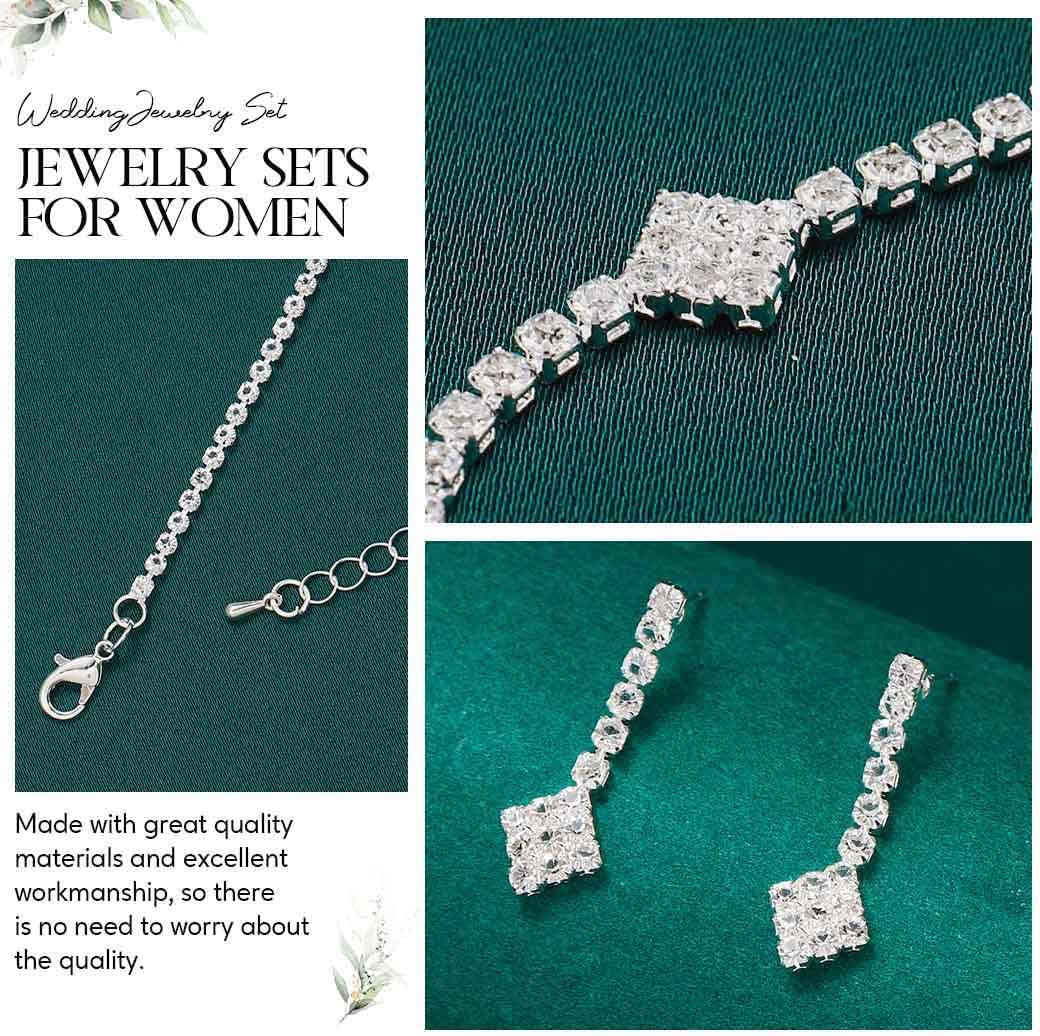 Unicra Silver Bridal Wedding Jewelry Set Sparkly Rhinestone Necklace Earrings Bracelet Sets Formal Costume Jewelry for Women and Brides