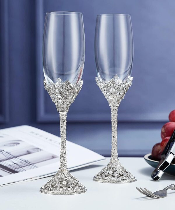 Champagne Flutes -His and Hers,Wedding Toasting Glasses for Engagement Celebrations, Bridal Shower and Registry Idea, Tall Wine Glasses for Bride and Groom Gifts,7oz (Silver)
