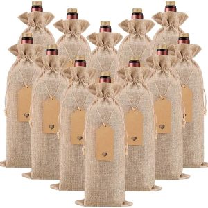 Homum 12Pcs Premium Burlap Wine Bags and 12Pcs Gift Tags, Reusable Wine Gift Bags with Drawstrings, Wine Bottle Bags, Wine Bags for Wedding, Birthday, Blind Tastings, Christmas, Travel,Party, Home Storage