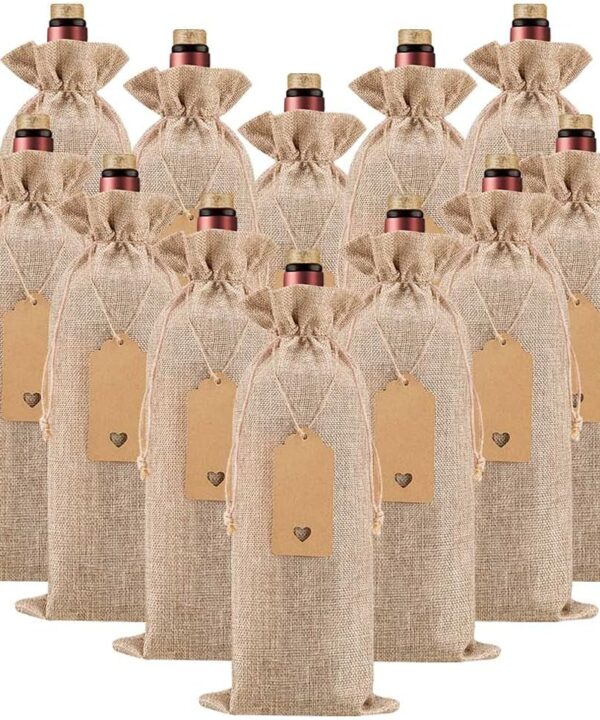 Homum 12Pcs Premium Burlap Wine Bags and 12Pcs Gift Tags, Reusable Wine Gift Bags with Drawstrings, Wine Bottle Bags, Wine Bags for Wedding, Birthday, Blind Tastings, Christmas, Travel,Party, Home Storage