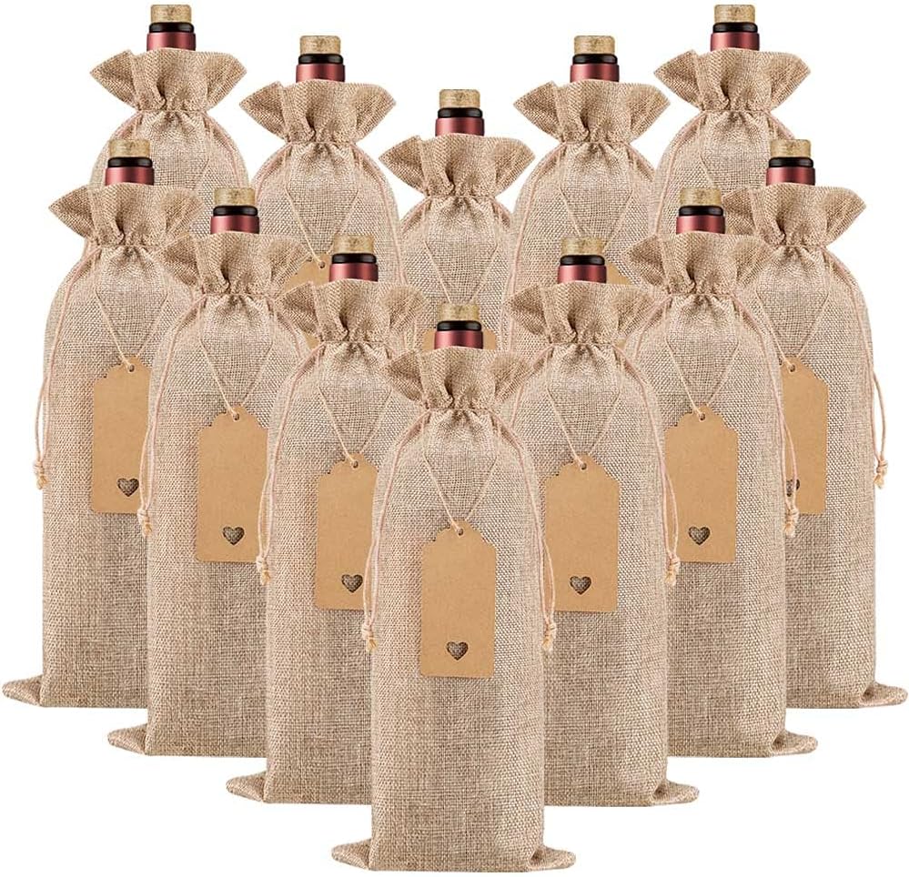Homum 12Pcs Premium Burlap Wine Bags and 12Pcs Gift Tags, Reusable Wine Gift Bags with Drawstrings, Wine Bottle Bags, Wine Bags for Wedding, Birthday, Blind Tastings, Christmas, Travel,Party, Home Storage