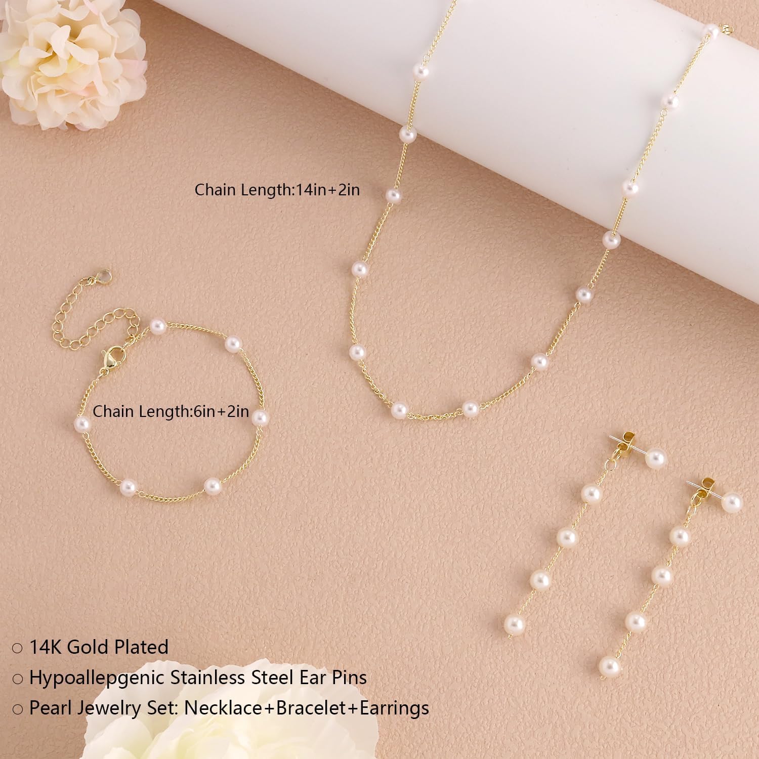 Gold Jewelry Set for Women, Dainty 14K Gold/Silver Plated Pearl Necklace and Earring Set with Drop Earrings, Bracelets, Choker Necklace – Wedding Jewelry Gift