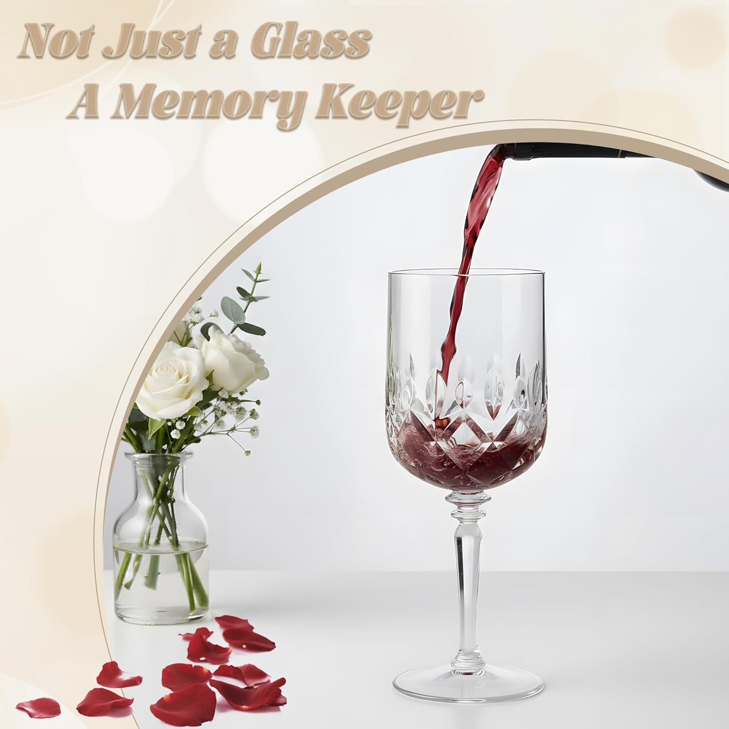 Detachable Plastic Wine Glasses 12oz (Set of 12, Clear), Unbreakable Reusable BPA-Free Vintage Goblets Stemmed Drinking Glasses, for Weddings Parties Events, Diamond-Cut Design