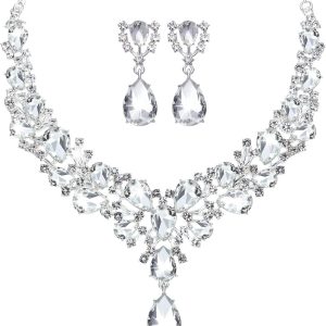 Hicarer Bridal Teardrop Cluster Crystal Jewelry Set for Women Necklace Earrings Wedding