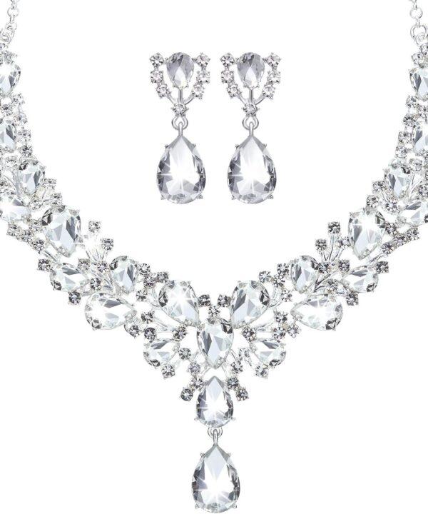 Hicarer Bridal Teardrop Cluster Crystal Jewelry Set for Women Necklace Earrings Wedding