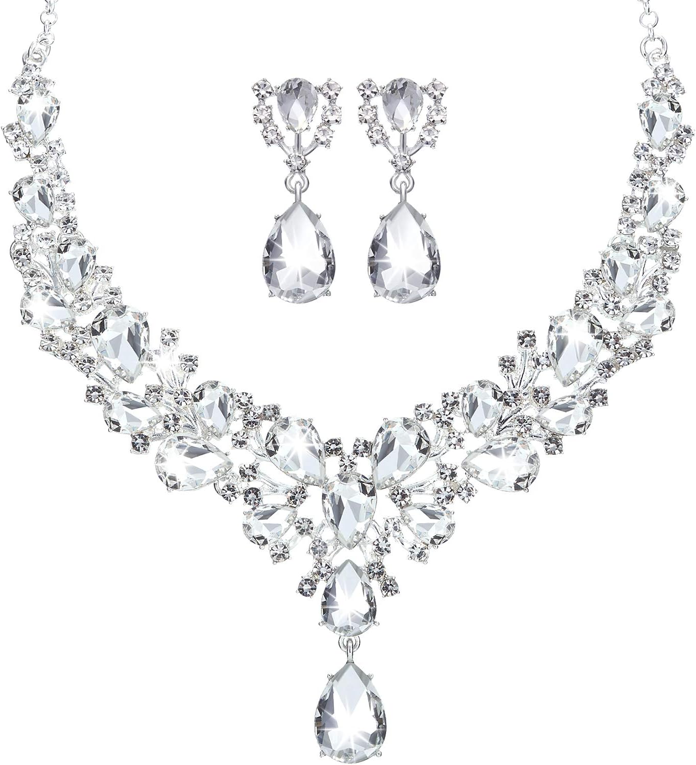 Hicarer Bridal Teardrop Cluster Crystal Jewelry Set for Women Necklace Earrings Wedding