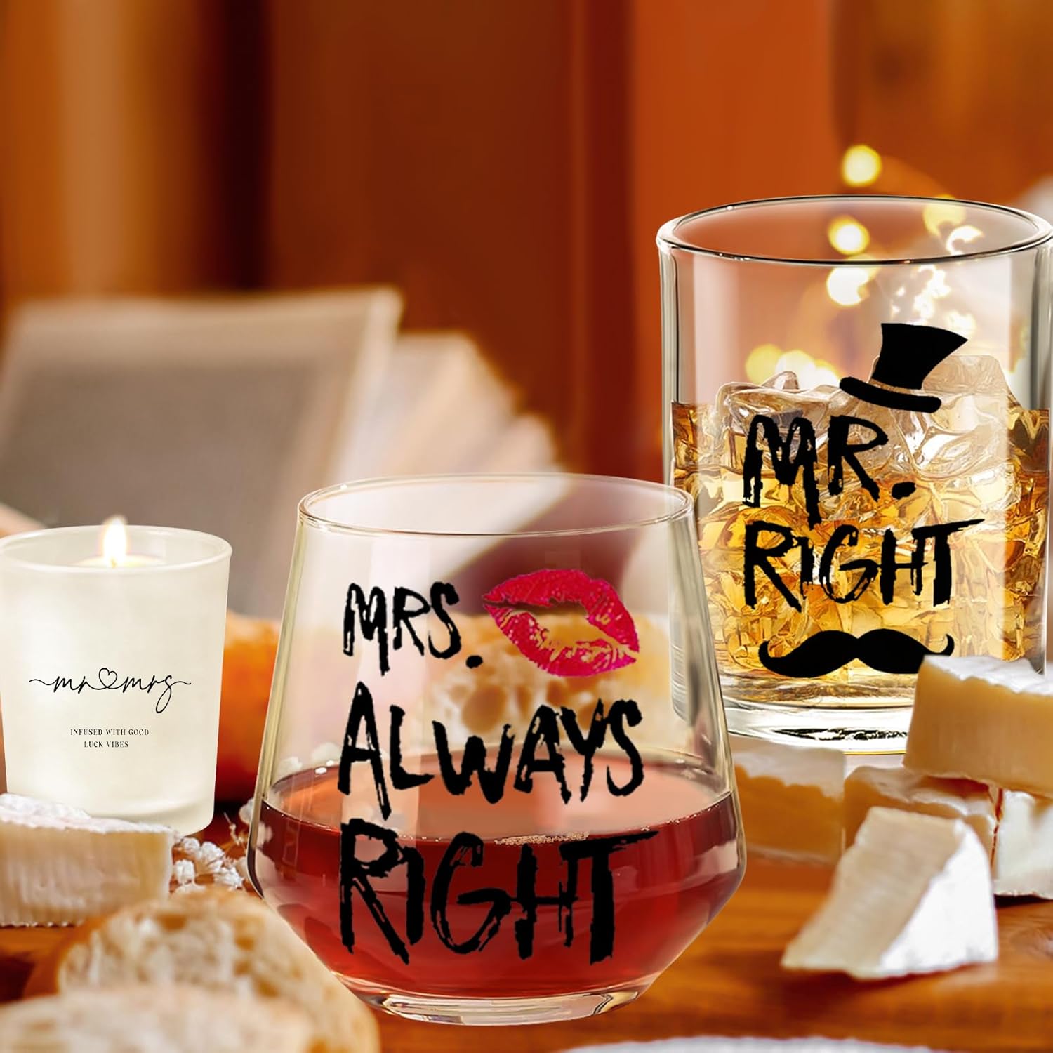 Mr. Right & Mrs. Always Right Whiskey & Wine Glasses – Funny Couple Gifts for Wedding, Anniversary, Valentine’s Day