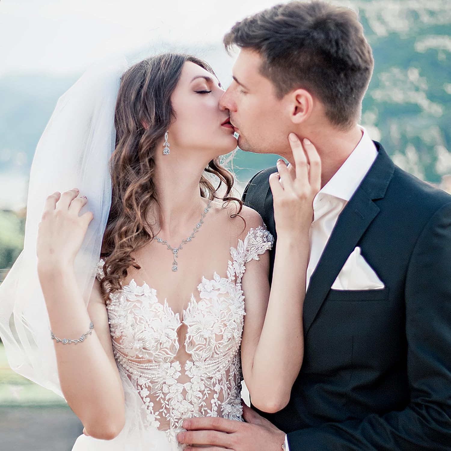 Wedding Silver Jewelry Set for Women Cubic Zirconia Necklace Earrings Bracelet Sets for Bride Wedding Costume Jewelry for Bridesmaid