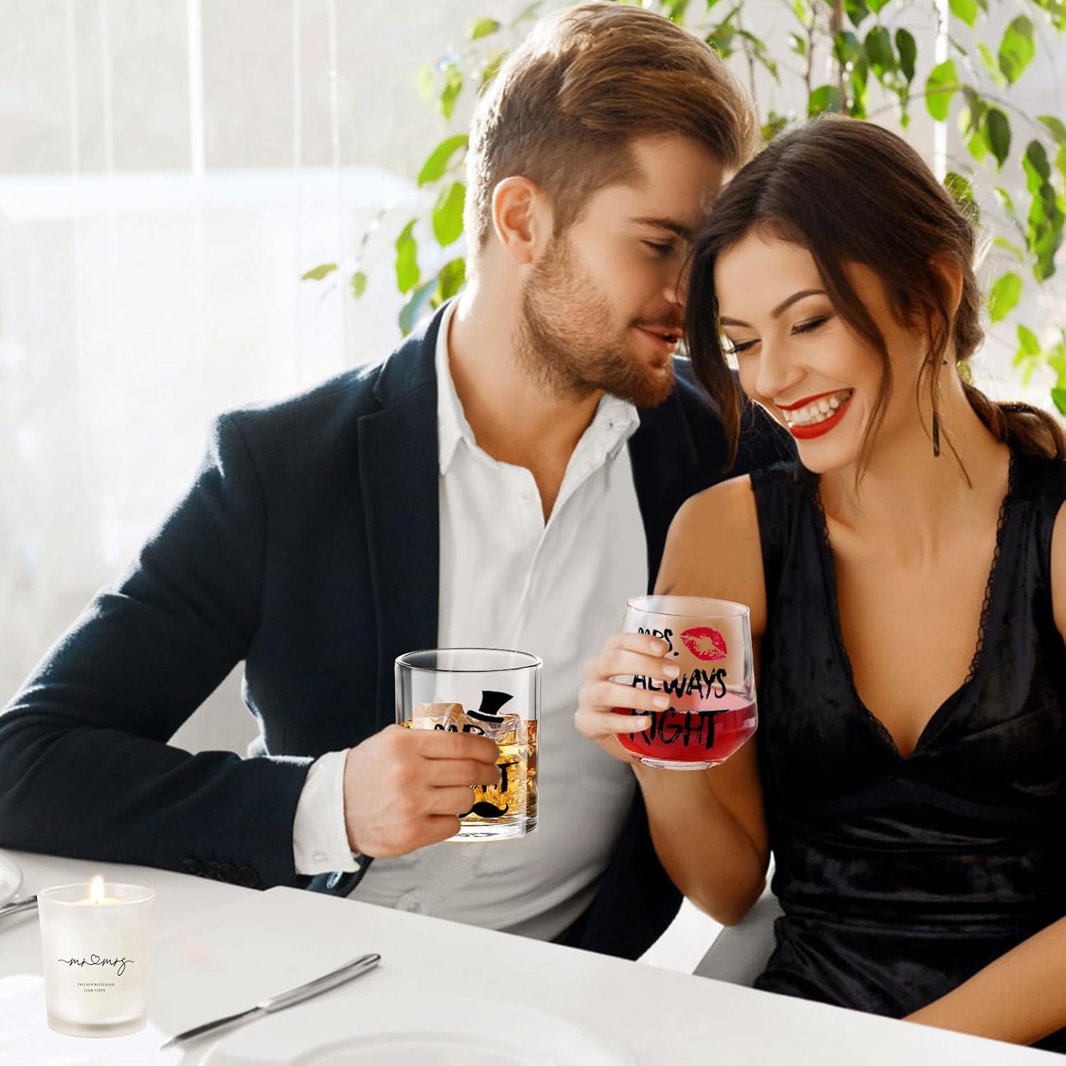 Mr. Right & Mrs. Always Right Whiskey & Wine Glasses – Funny Couple Gifts for Wedding, Anniversary, Valentine’s Day