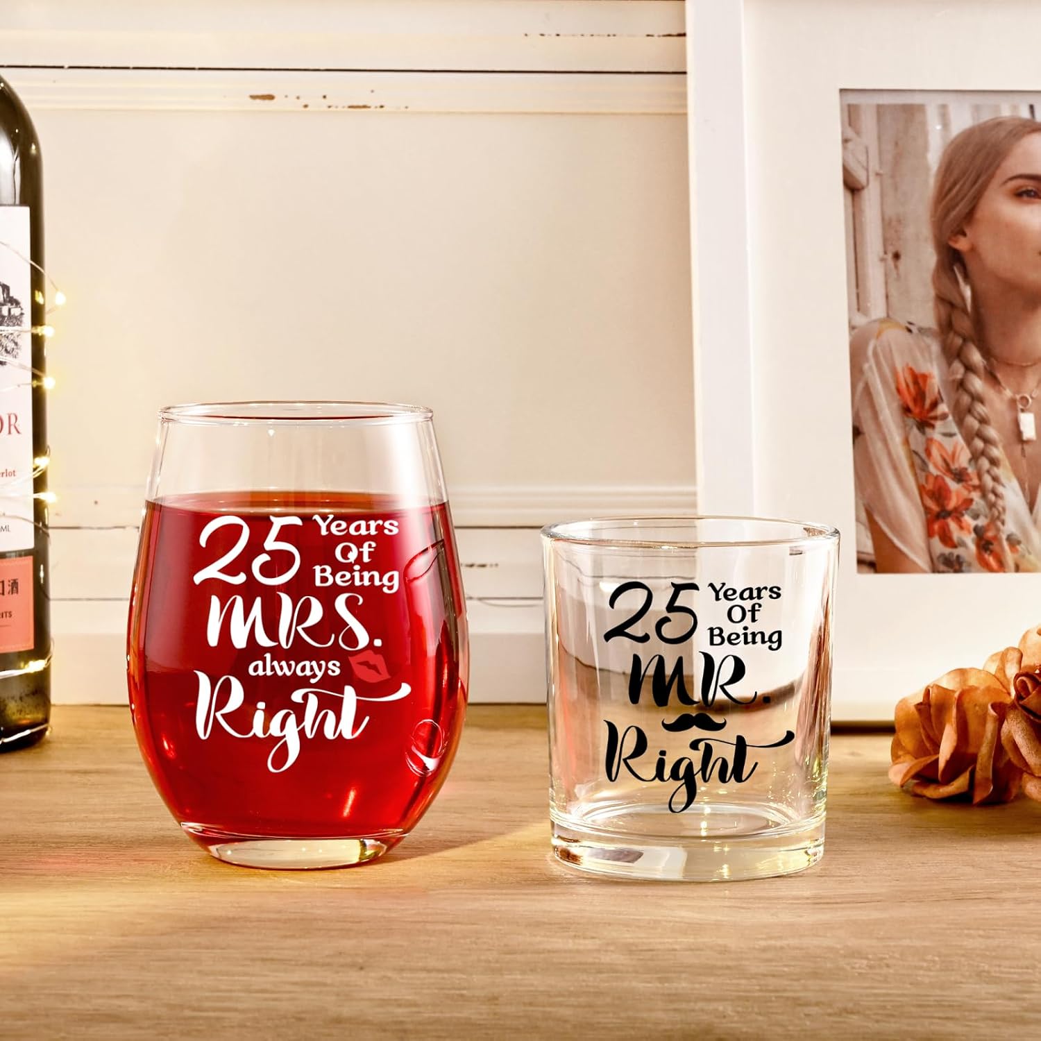 Futtumy 25th Anniversary Glass Gifts Set, 25 Years of Being Mr Right & Mrs Always Right 17oz Wine 10oz Whisky Glass, 25th Wedding Anniversary for Wife Husband Couple Parents Grandparents Friends